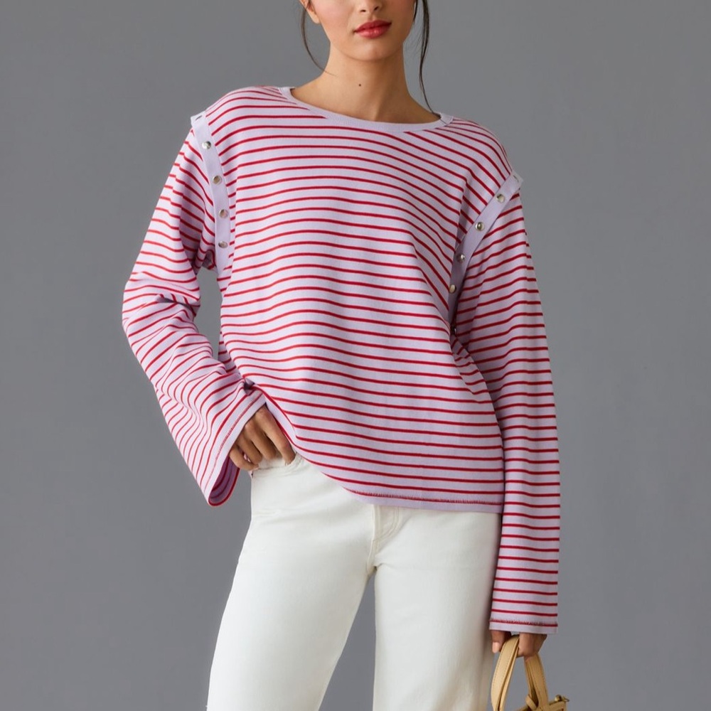 Anthropologie Red and White Striped Long Sleeve Top